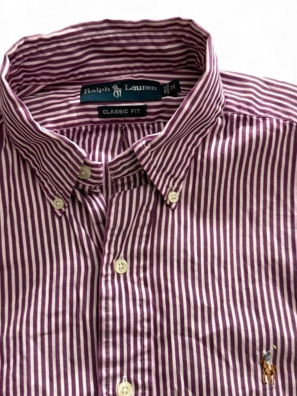 Men's Ralph Lauren Button-Down Shirt Purple White Striped Classic Fit Size M